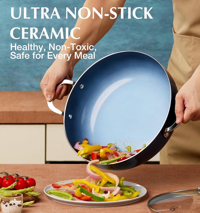 KOCH SYSTEME CS 12-Inch Saute Pan, 5.5-Quart Deep Frying Pan, Toxin-Free Ceramic Nonstick Saute Pan with Lid – Large Scratch-Resistant Deep Fry Pan, Oven Safe, Induction Compatible, Gradient Blue - Image 2